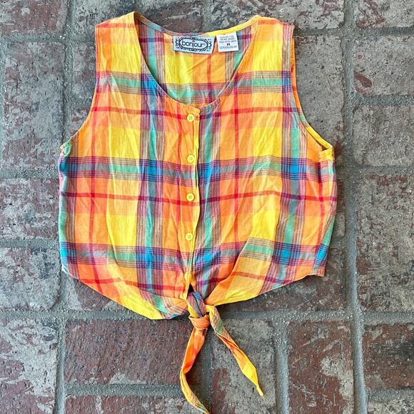 Vintage Bonjour 100% Cotton Plaid Top Sleeveless Size M Tie Front Button Front - Picture 1 of 3